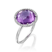 טבעת אמטיסט סגולה עם הילת יהלומים זהב לבן