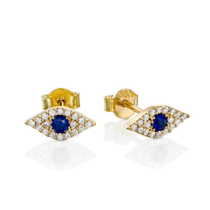 עגילים צמודים עין יהלומים וספיר