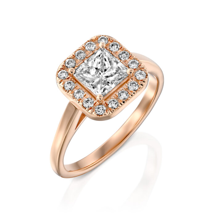 טבעת יהלום פרינסס והילת יהלומים "סטפני"